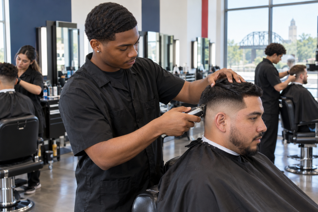 Barber student receiving hands-on training at a barber school in Waco
