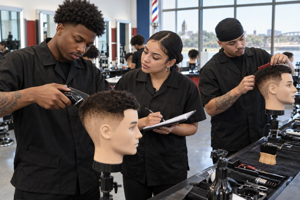 Students practicing haircutting techniques at a barber school in Waco Texas
