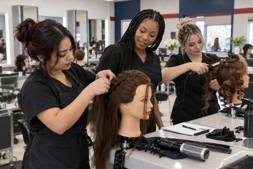 Students practicing hairstyling at a cosmetology school in Waco Texas