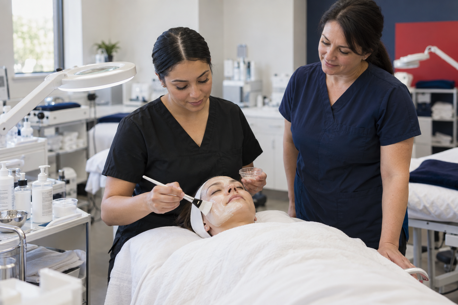 Student receiving hands-on skincare training at an esthetician school in Waco