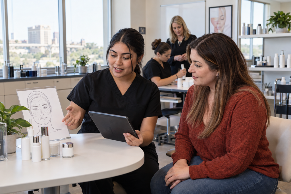 Esthetics student conducting a skincare consultation at an esthetician school in Waco
