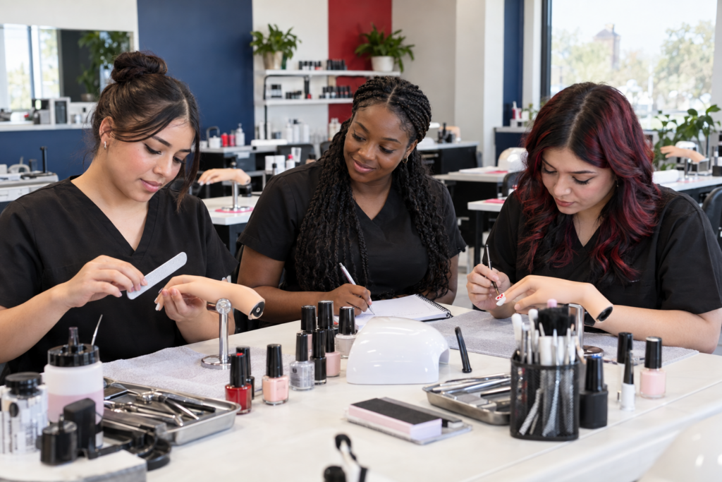 Student receiving hands-on training at a nail technician school in Waco