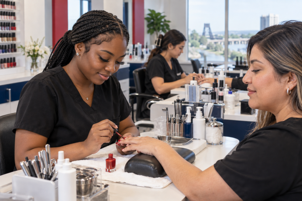 Students practicing manicure techniques at a nail technician school in Waco